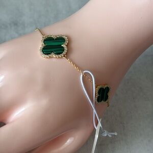 Rachel Zoe 925 Sterling Silver 18K Gold Plated Green Malachite 3 Clover Bracelet